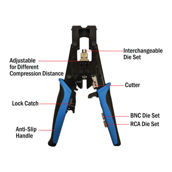 The INF TLH-201 Compression Tool for BNC, F-Type & RCA Connectors (RG59, RG58, RG6) features an adjustable ratcheting crimper, interchangeable die set, cutter, lock catch, anti-slip handle, and specific dies for coaxial cables.