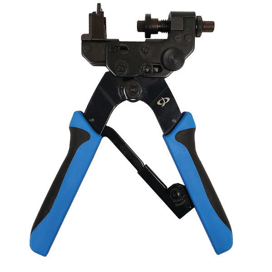 A close-up of the INF TLH-202 Compression Tool for BNC, F-Type, RCA, right angle, and keystone connectors (RG59/RG6) with blue and black handles—featuring metal jaws and adjustment knobs against a white background.