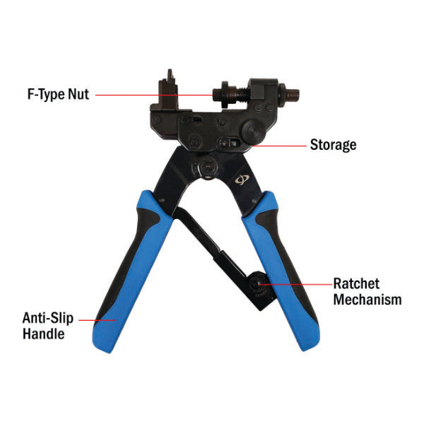 The INF TLH-202 Compression Tool features blue and black anti-slip handles, labeled F-type nut, storage compartment, and ratchet mechanism—perfect for securing BNC, F-Type, RCA, right angle and keystone connectors on RG59 or RG6 cables.