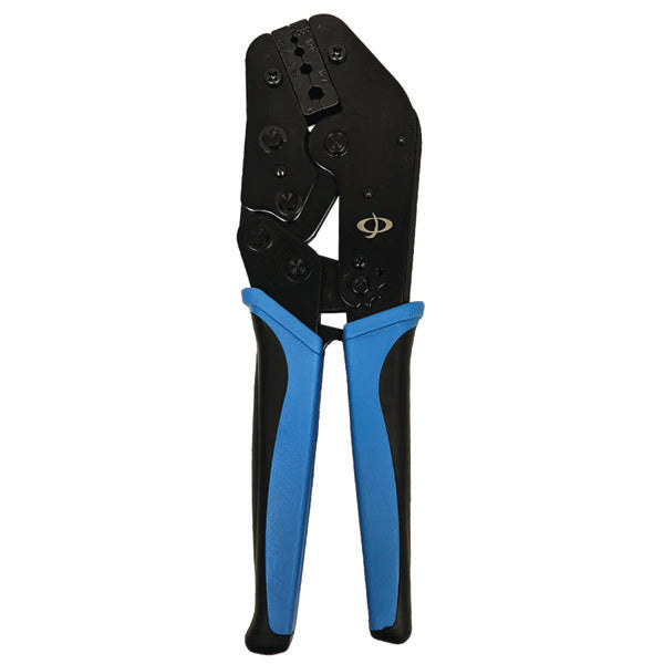 The INF TLH-300 Crimp Tool for Fiber Optic Connector Crimp Sleeves (LC, SC, ST & FC) features black/blue rubberized handles, a multi-notch metal jaw for hex sizes 0.094, 0.128, 0.151, 0.197, and a ratcheting crimp mechanism.