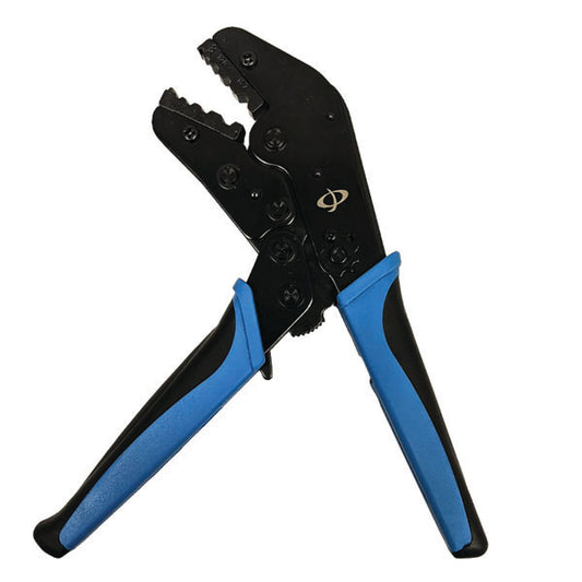 The INF TLH-300 Crimp Tool for Fiber Optic Connector Crimp Sleeves (LC, SC, ST & FC), with blue and black handles and hex sizes 0.094, 0.128, 0.151, 0.197, is shown open against a white background.