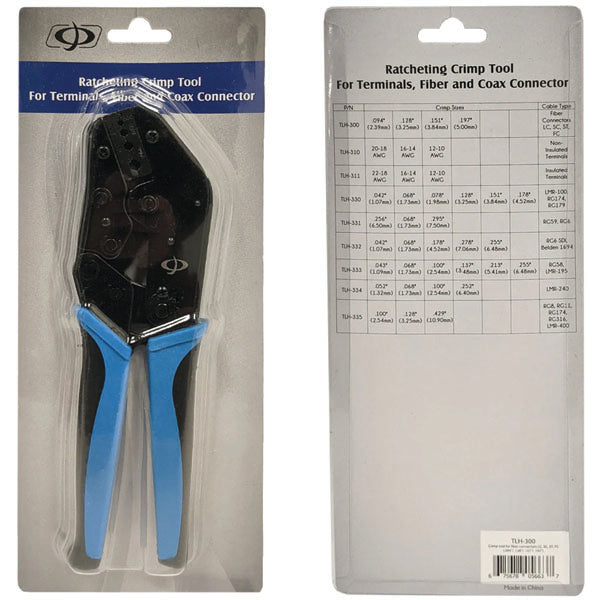 Front and back of INF TLH-300 packaging for Crimp Tool for Fiber Optic Connector Crimp Sleeves (LC, SC, ST & FC), hex sizes 0.094, 0.128, 0.151, 0.197. Front shows the tool; back features specs chart for terminals and connectors.