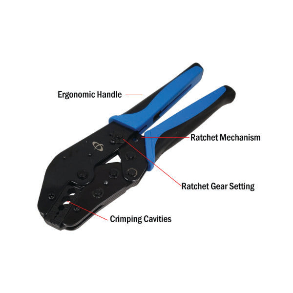 The INF TLH-300 Crimp Tool features ergonomic blue and black handles, a ratcheting crimp mechanism, gear setting, and crimping cavities for LC, SC, ST & FC fiber optic connector sleeves in hex sizes 0.094, 0.128, 0.151, and 0.197.