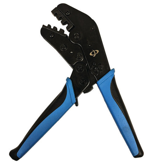 A close-up of the INF TLH-310 Crimp Tool for Non-Insulated Terminals, with black and blue rubber handles, notched jaws for 20-18AWG, 16-14AWG, 12-10AWG wires, and a ratcheting mechanism for ring terminals, spade lugs, and quick disconnects.