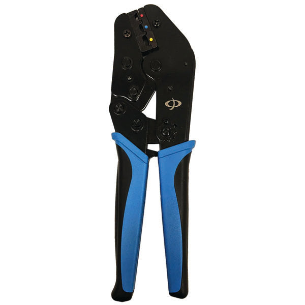 The INF THL-311 Crimp Tool features black and blue handles and a ratcheting mechanism, designed for crimping insulated ring terminals, spade lugs, and quick disconnects on 20-10AWG cables.