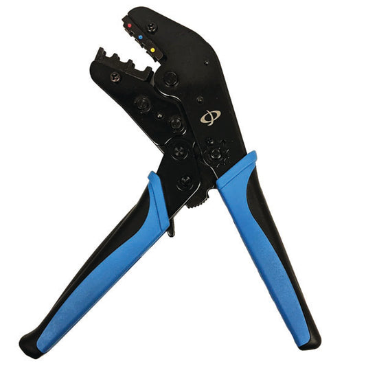 The INF THL-311 Crimp Tool for Insulated Terminals has ergonomic black and blue grips and a ratcheting mechanism, designed for secure crimping of 20-18AWG, 16-14AWG, and 12-10AWG ring terminals, spade lugs, and quick disconnects.
