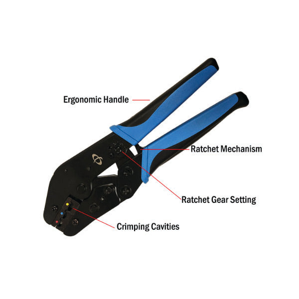 The INF THL-311 Crimp Tool for Insulated Terminals features a black and blue ergonomic handle, ratcheting crimp mechanism, adjustable gear setting, and crimping cavities—perfect for 20-10AWG ring terminals, spade lugs & quick disconnects.