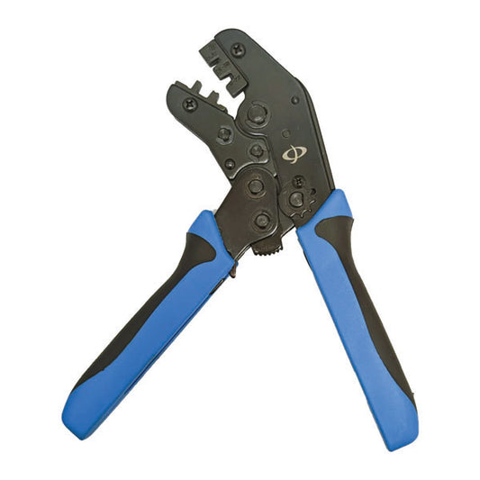 The INF TLH-320 is a Crimp Tool for D-Sub Terminals with black metal jaws and blue/black handles, suitable for 18-20AWG and 24-30AWG cables.