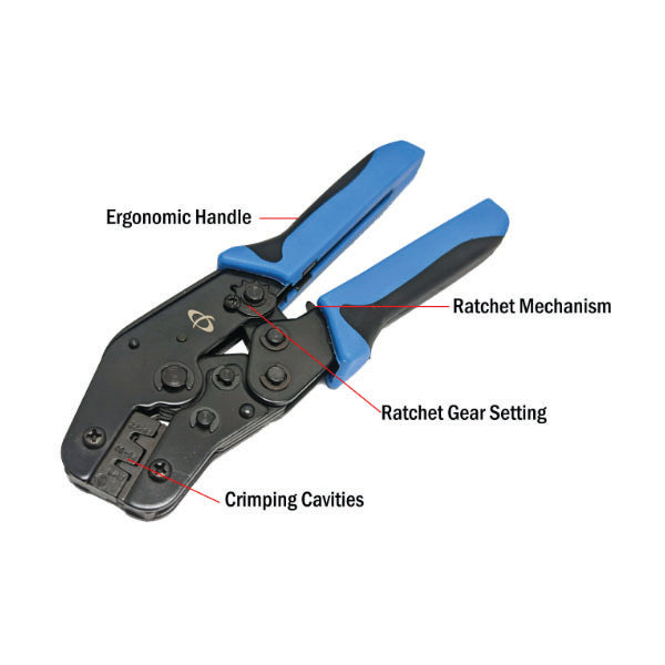 The INF TLH-320 Crimp Tool for D-Sub Terminals (18-20AWG, 24-30AWG) features labeled black-blue ratcheting pliers with ergonomic handle, ratchet mechanism, gear setting, and crimping cavities—ideal for precise wire work.