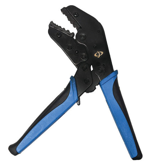 The INF TLH-330 Crimp Tool for LMR-100, RG174 & RG179 Cable (.256/.068/.295) features black metal jaws and blue/black ergonomic handles, designed for securely attaching electrical or coaxial connectors to wires.