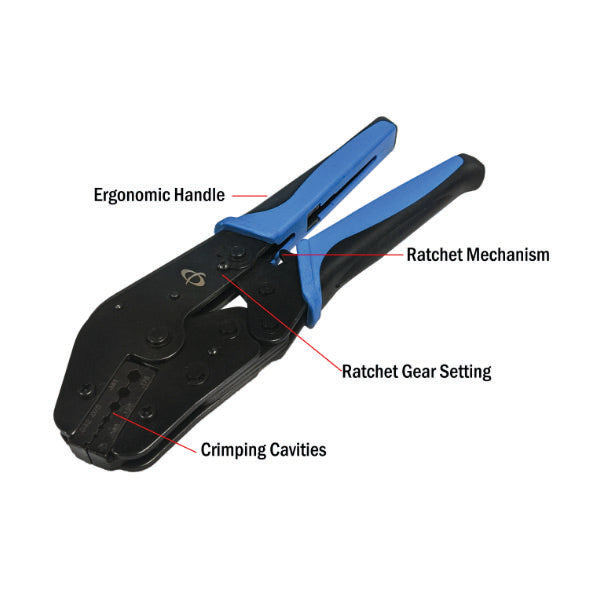 The INF TLH-330 Crimp Tool for LMR-100, RG174 & RG179 Cable (.256/.068/.295) features labeled ergonomic handle, ratchet mechanism, gear setting, and crimping cavities—perfect for precision coaxial connector work.