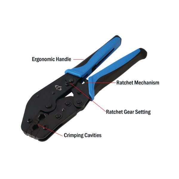 The INF TLH-331 Crimp Tool for RG59 & RG6 Cable (.256/.068/.295) features labeled parts: ergonomic handle, ratchet mechanism, ratchet gear setting, and crimping cavities. Black and blue design.