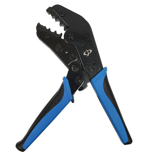 The INF TLH-332 Crimp Tool features black and blue handles and hex jaws for attaching connectors to RG6 SDI and Belden 1694 coax cables; supports hex sizes 0.042, 0.068, 0.178, and 0.255.