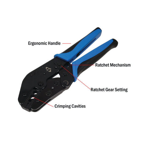 The INF TLH-332 Crimp Tool features blue and black ergonomic handles, a ratchet mechanism, hex sizes 0.042, 0.068, 0.178, 0.255—ideal for RG6 SDI and Belden 1694 coax cable connectors.