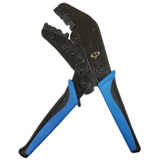 The INF TLH-334 Crimp Tool for LMR-240 Cable (.052/.068/.100/.252) is shown in black and blue with ergonomic handles, ideal for crimping RF coaxial connectors, and features a ratcheting mechanism against a white background.