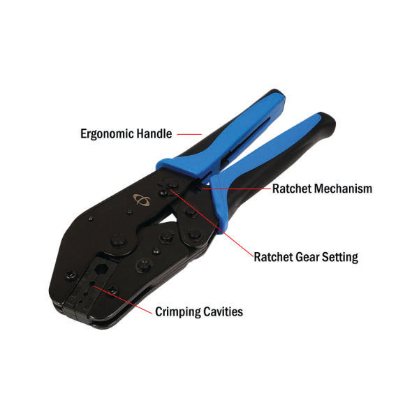 The INF TLH-334 Crimp Tool for LMR-240 Cable (.052/.068/.100/.252) features a black and blue ergonomic handle, ratchet mechanism, adjustable gear, and crimping cavities—perfect for RF coaxial connectors and LMR-240 cables.