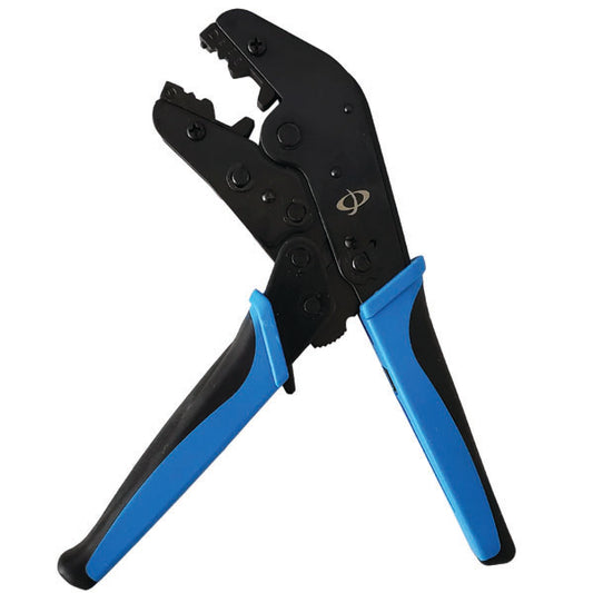 The INF TLH-335 Professional Ratcheting Crimp Tool features a black and blue ergonomic handle, heavy-duty steel build, and notched metal jaws, designed for crimping RG8, RG11, RG174, RG316 & LMR-400 cable connectors.