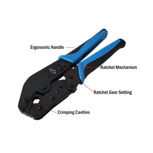 The INF TLH-335 Professional Ratcheting Crimp Tool for RG8, RG11, RG174, RG316 & LMR-400 Cable (.100/.128/.429) features a black and blue ergonomic handle, heavy-duty steel build, ratchet mechanism with gear setting, and precision crimping cavities.