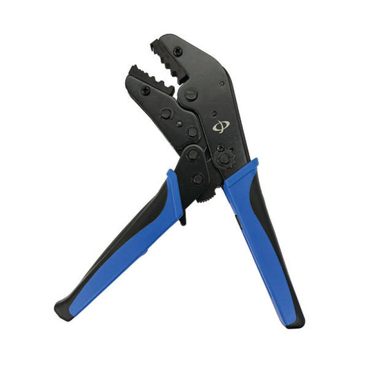 The INF TLH-336 Crimp Tool for RG174 & LMR-100 cables (.040/.042/.068/.128/.178/.197) features black and blue textured handles and a ratcheting mechanism, shown upright on a white background.