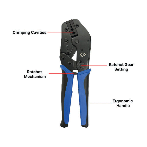 The INF TLH-336 Crimp Tool for RG174 & LMR-100 Cable features labeled crimping cavities (.040/.042/.068/.128/.178/.197) at the top, a side ratchet gear, a ratchet mechanism by the handles, and ergonomic grips at the bottom.