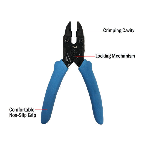 The INF THL-390 Professional Crimp Tool for Telecom Splices (UR 19-26AWG, UY 22-26AWG, UG 19-26AWG) features black heavy-duty steel, blue ergonomic non-slip handles, and labeled crimping cavity and locking mechanism.