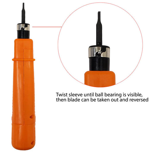 The INF Impact Punchdown Tool - 110/88 Style, shown in orange with a black tip, is displayed whole and close-up. Twist the sleeve until the ball bearing appears; then remove and reverse the blade for 110/88 jack use.