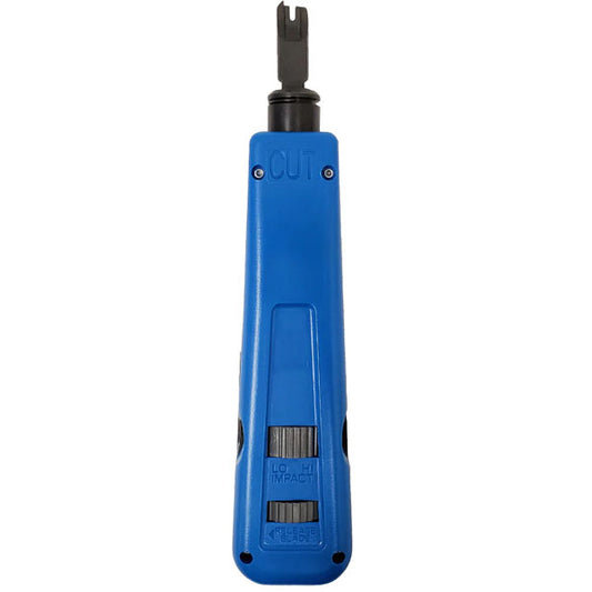 The INF Impact Punchdown Tool - 110/88 Style features a blue handle, black blade tip labeled CUT, reversible blade, LOW-HI IMPACT switch, blade release slot, plus hook and mini screwdriver—ideal for 110/88 jacks.