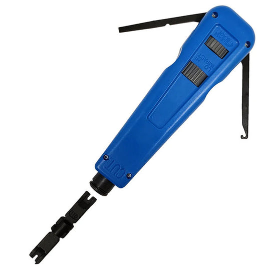 The INF Impact Punchdown Tool - 110/88 Style features a blue rectangular body, two black sliding buttons, a hook and mini screwdriver, and a black removable reversible blade for inserting wires into 110/88 jacks.