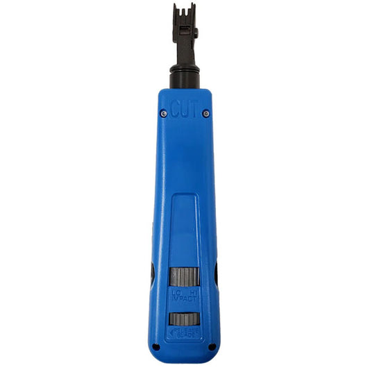 The INF Impact Punchdown Tool - BIX Style features a blue handle, black cutting blade tip, CUT marking, LOW-HI IMPACT switch, hook, and mini screwdriver—perfect for terminating cables on terminal blocks or BIX style jacks.