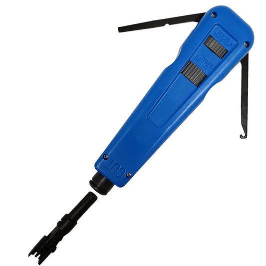 The INF Impact Punchdown Tool - BIX Style, featuring a hook, mini screwdriver, and black blade tip, is ideal for network and telephone wiring on terminal blocks or BIX style jacks.