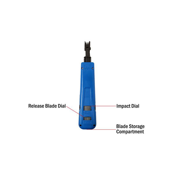 The INF Impact Punchdown Tool - BIX Style features labeled release blade dial, impact dial, and blade storage compartment. Shown vertically with labels highlighting each feature, it’s ideal for terminal block tasks and includes a hook & mini screw driver.