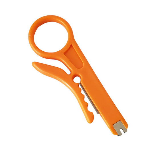 The INF 110 Punch-down and Strip Tool features an orange plastic body with a large circular handle, hooked lever, notched grip, and a metal blade tip—ideal for opening packaging or stripping 5mm–6.2mm network cables.