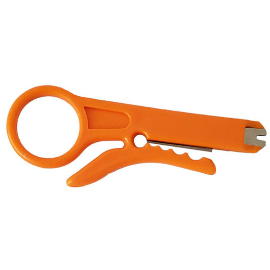 The INF 110 Punch-down and Strip Tool features a circular handle, curved grip, and metal blade, ideal for safely cutting, opening letters, or stripping wire (5mm-6.2mm diameter) for 110 style jacks.