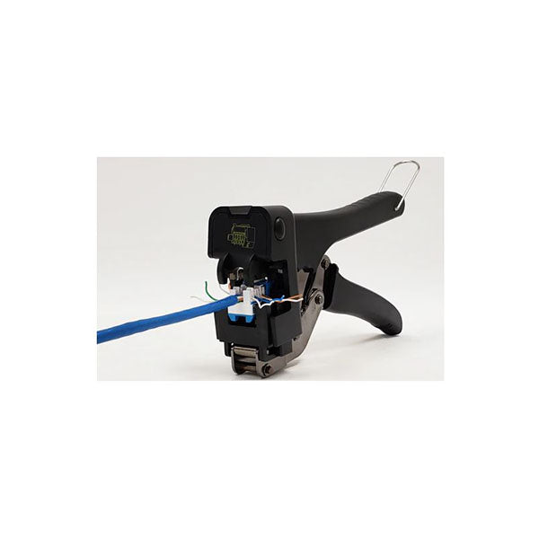 A close-up of the INF Multipair 110 Style Punch-Down Tool for 90 Degree Jacks, showing its handles and a blue Ethernet cable inserted, used for jack termination and attaching connectors to network cables.