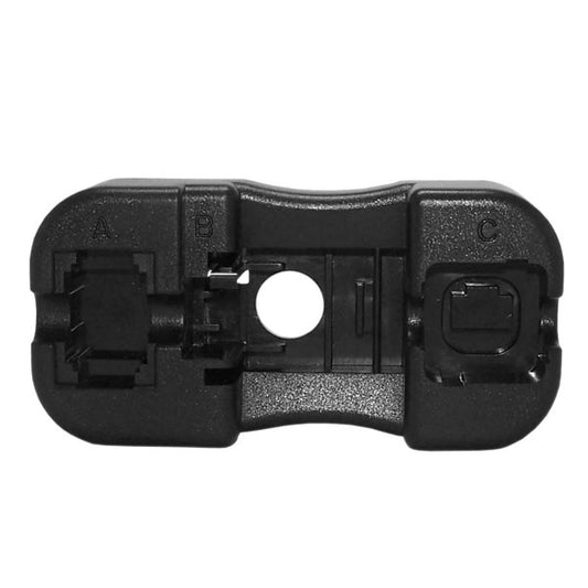 The INF Punchdown Jack Palm Holder Tool is a black plastic connector with three labeled sections—A, B, and C. It has a central circular hole for terminating jacks and slots on the outer sections for connecting components.