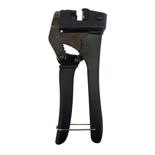 The INF Multipair 110 Style Punch-Down Tool for 180 Degree Jacks features a black cable tie tensioning and cutting tool with a metal lever and locking latch, ideal for securing zip ties during jack termination or when used with punch-down tools.