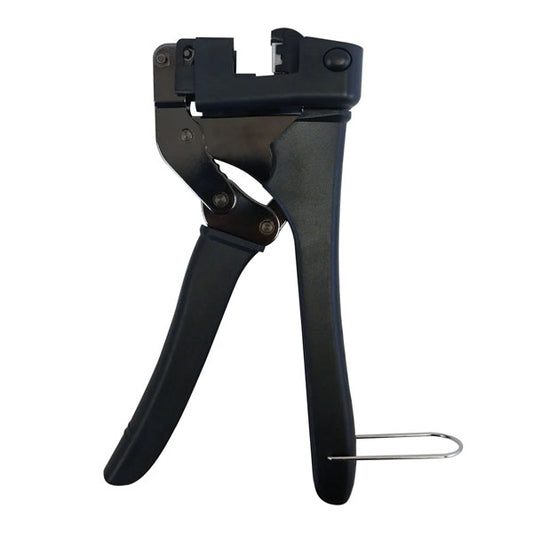 The INF Multipair 110 Style Punch-Down Tool for 180 Degree Jacks is a black, handheld tool with ergonomic handles and a trigger, perfect for jack terminations alongside other punch-down tools.