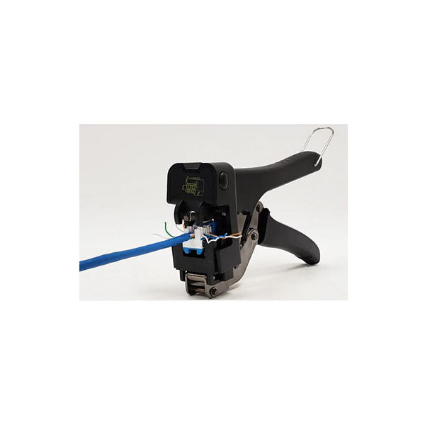 A close-up of the INF Multipair 110 Style Punch-Down Tool for 180 Degree Jacks gripping a blue Ethernet cable with exposed wires, shown against a plain white background.