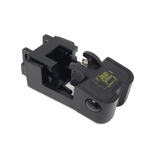 The INF 90 Degree Die Set for Punch-Down Tool features a black, rectangular design with yellow diagrams and markings on top, resembling those on fiber optic cleavers and ideal for precise wire termination.