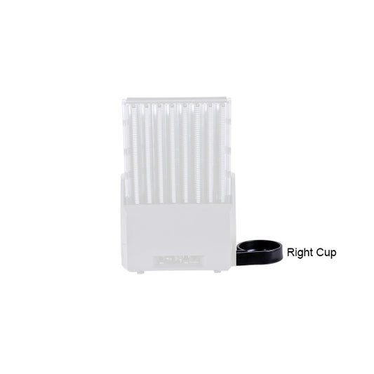 A CPI Coin Dispenser Cup, made of white plastic with vertical slots and a black circular right-side attachment, is shown against a plain white background.
