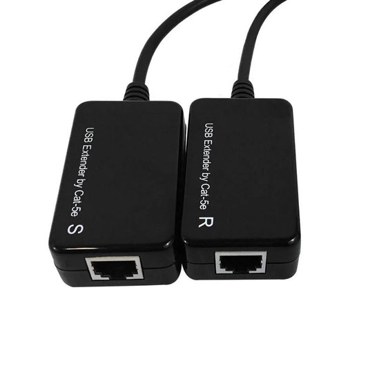 The PCPOS Systems A1 USB 1.1 Extender over Cat5e cable (up to 60m) features two black units labeled S and R with Ethernet ports, allowing effortless USB signal extension. This plug-and-play system ensures seamless device connectivity.