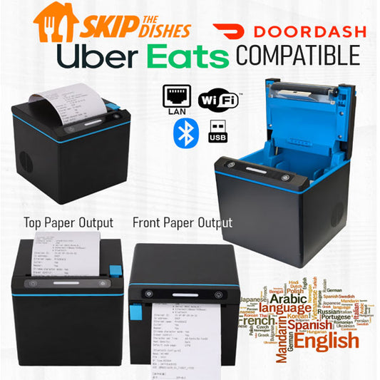 The ADD 3-in-1 Skip The Dishes, Uber Eats & DoorDash Printer features black thermal printing, top/front paper outputs, LAN/WiFi/USB connectivity, and broad language support—perfect for delivery app orders.