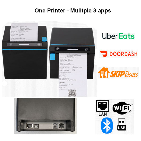 The ADD 3-in-1 Delivery Printer for Restaurants prints order receipts for SkipTheDishes, Uber Eats, and DoorDash. Shown in black with LAN, WiFi, and USB connectivity plus a close-up of the port panel—ideal for delivery order printing.