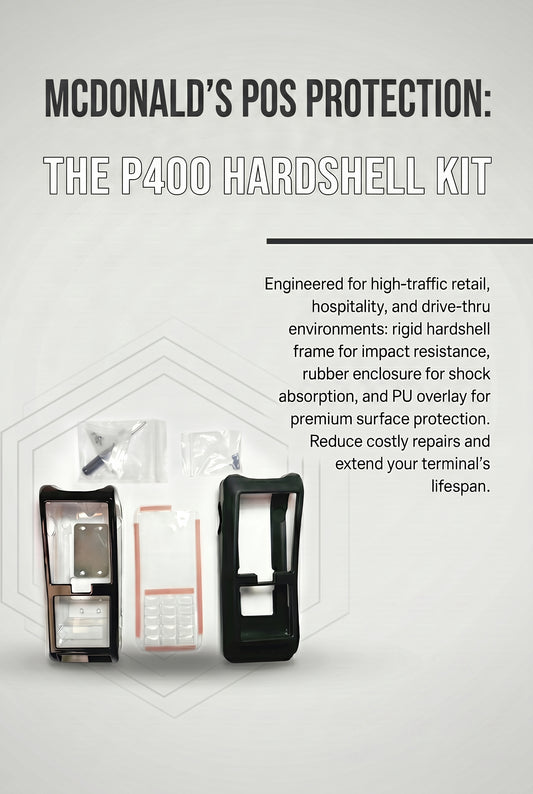 Promotional image for MainTech99 Verifone P400 Hardshell Assembly Kit, showcasing a durable POS terminal case and components designed for impact resistance, shock absorption, and enhanced payment terminal durability.