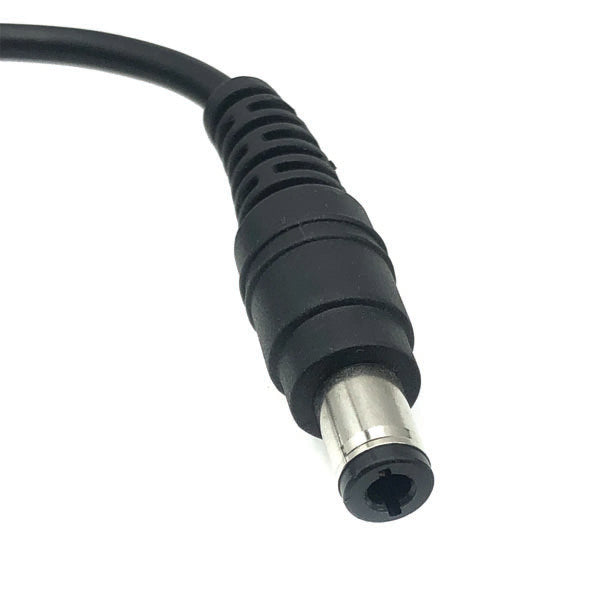 Close-up of a black DC power connector attached to a cable, compatible with PCPOS Systems NCR #8770308477 Zebra AC Adapter for Printer ZD620 (VPN: P1086001-006, Class: 7932-5222).