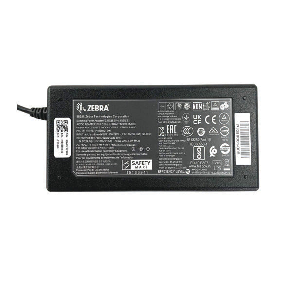 Rectangular black PCPOS Systems Zebra AC Adapter (NCR #8770308477, VPN P1086001-006) with safety labels and barcode on top, left-side power cord; ideal as a ZD620 printer power supply.