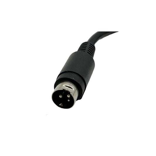 Close-up of a black cable with a round, silver 5-pin DIN connector—PCPOS Systems Epson PS-180 24V 2A 50W printer power supply—angled upward on a white background.
