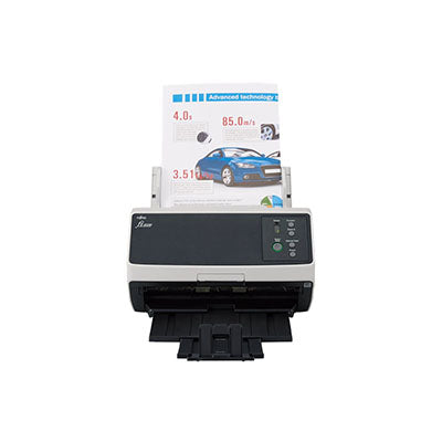 The PCPOS Systems Fujitsu FI-8150 document scanner, featuring Duplex and Dual CIS technology, scans a colorful sheet with a blue car; control buttons and a display are on its front panel.