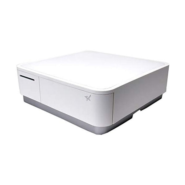 A white, rectangular PCPOS Systems mPOP POS with a minimalist design, featuring a flat top and subtle front logo. It integrates seamlessly with our monthly subscription service for effortless use. The device is set against a white background.