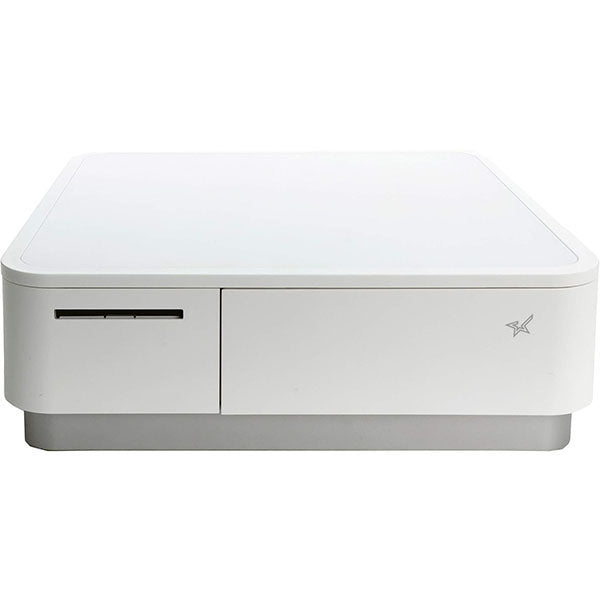 The mPOP POS by PCPOS Systems is a sleek, white, rectangular device with rounded edges and a front slot. It features a minimalistic design and modern technology, seamlessly integrated into your monthly subscription service for table management for one manager and server.